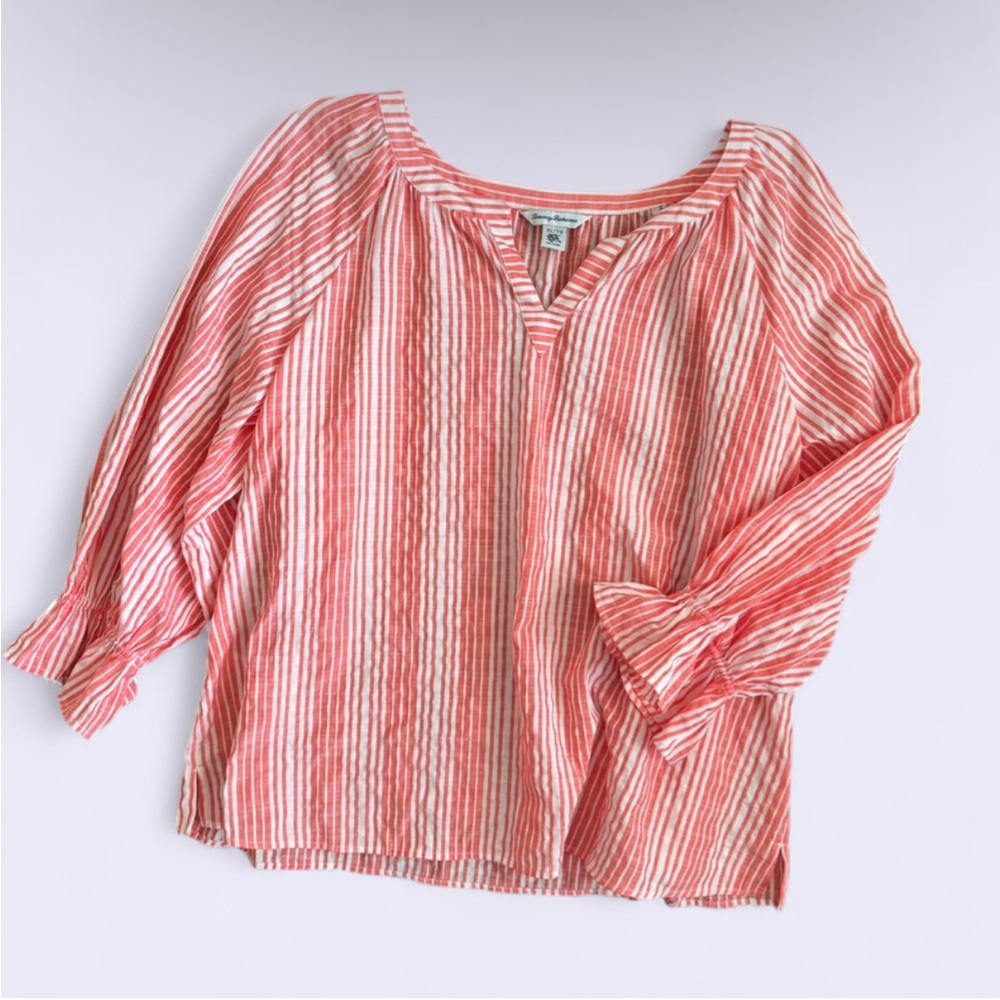 Tommy Bahama Coral White Stripe Ruffle Sleeve Blouse XL Flowy